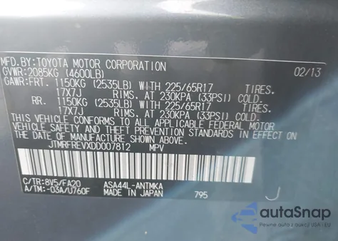 2013 Toyota Rav4 Xle из США, поврежденный, VIN JTMRFREVXDD007812